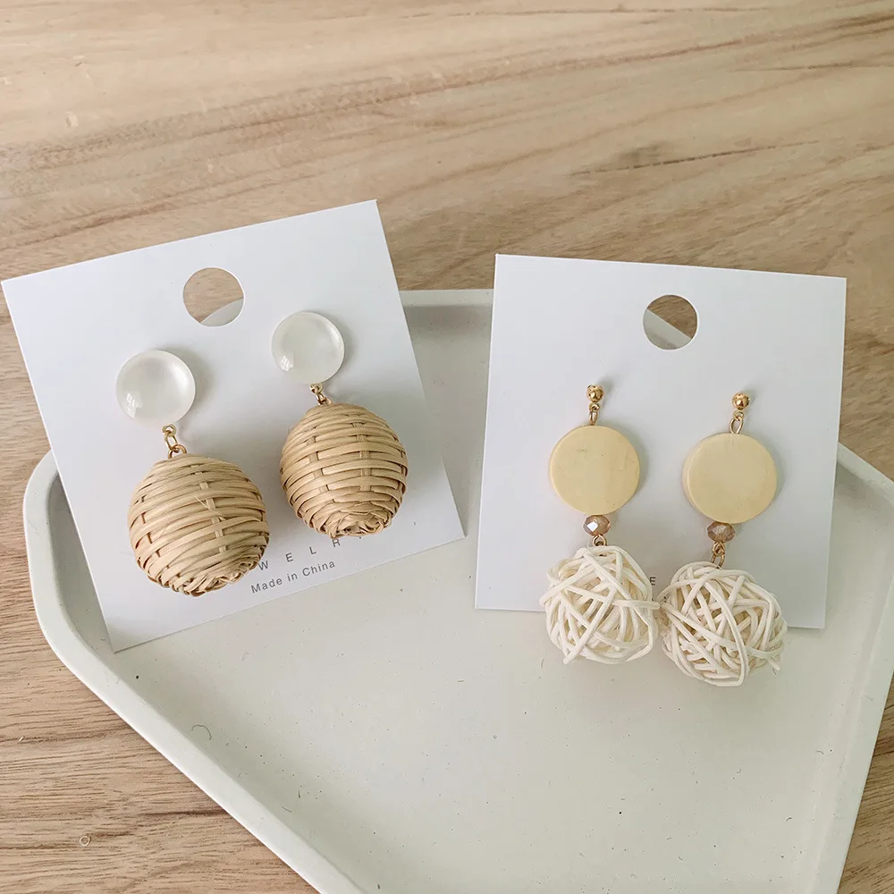 

handmade weaving earrings Fashion Jewelry Round Pendant Bamboo Rattan Women Drop Earrings, As the picture