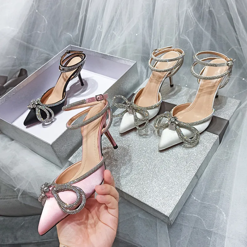 

European And American Style 2022 New Bow Knot Rhinestone Pointed Satin Sandals Female Strappy Stiletto High Heels, 5 colors
