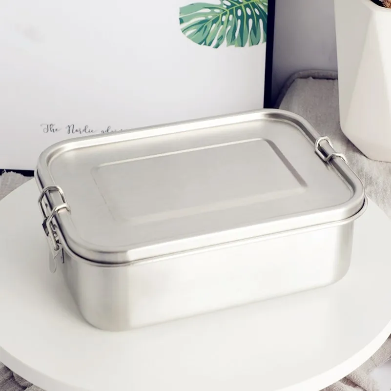 

304 Stainless Steel Bento Lunch box With Lock Clips Leak-proof 49OZ Food Containers High Quality Square Tin Box