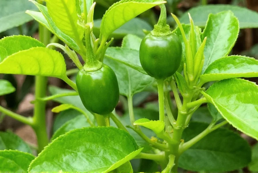 Healthy pepper plant showing vibrant green leaves and developing fruit with proper spacing