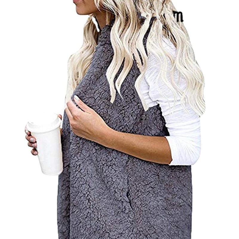 

Women's hooded pocket plush vest sleeveless sweater coat