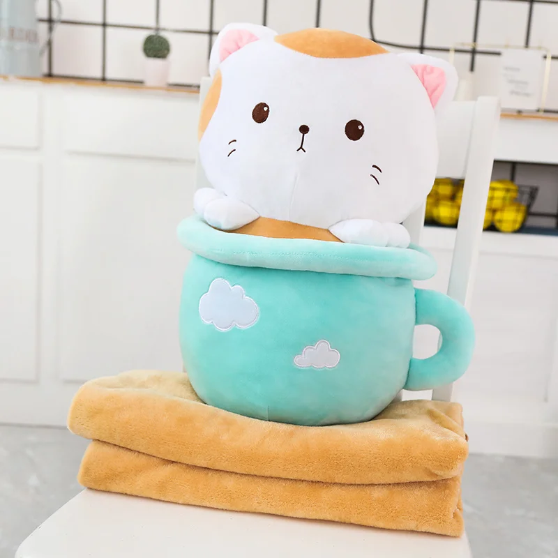 

Cute teacup cat plush pillow blanket two in one kitty doll air conditioning blanket car nap blanket pillow
