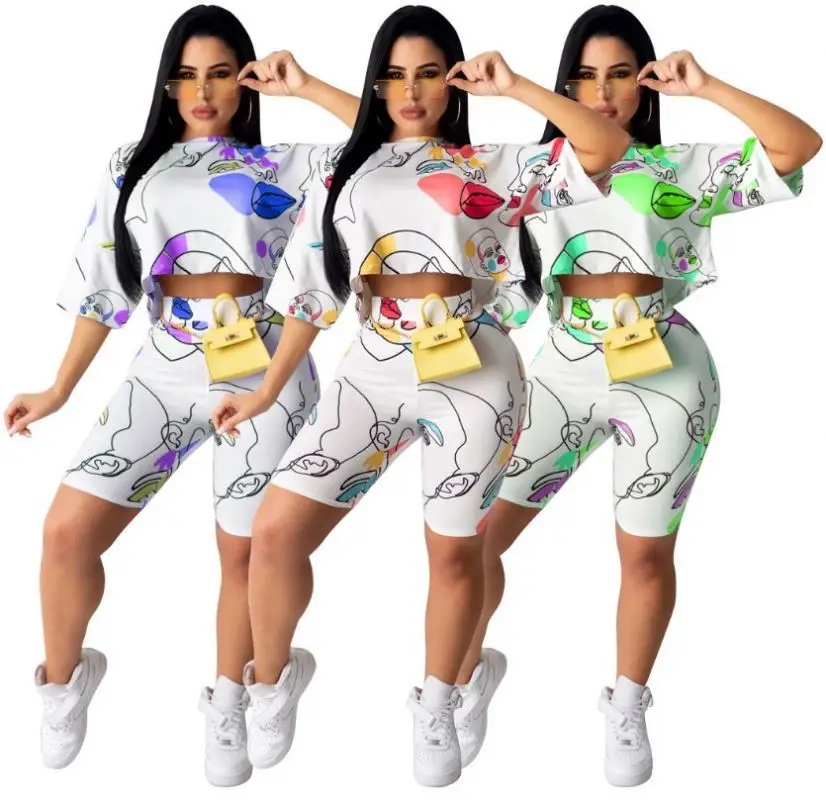 

HS 2021 sexy 3colors women's wear, crop top with biker shorts cute summer cartoon printed 2 piece short set