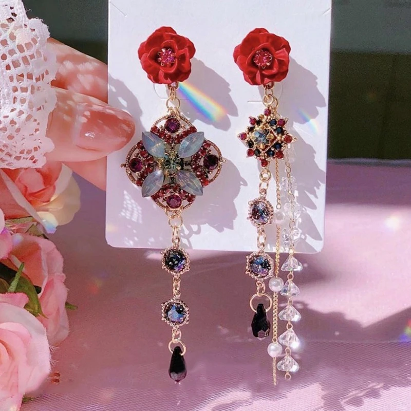 

Korean Luxury Red Flower Crystal Drop Earrings For Women Elegant Pearl Tassel Long Pendientes Party Jewelry Gifts