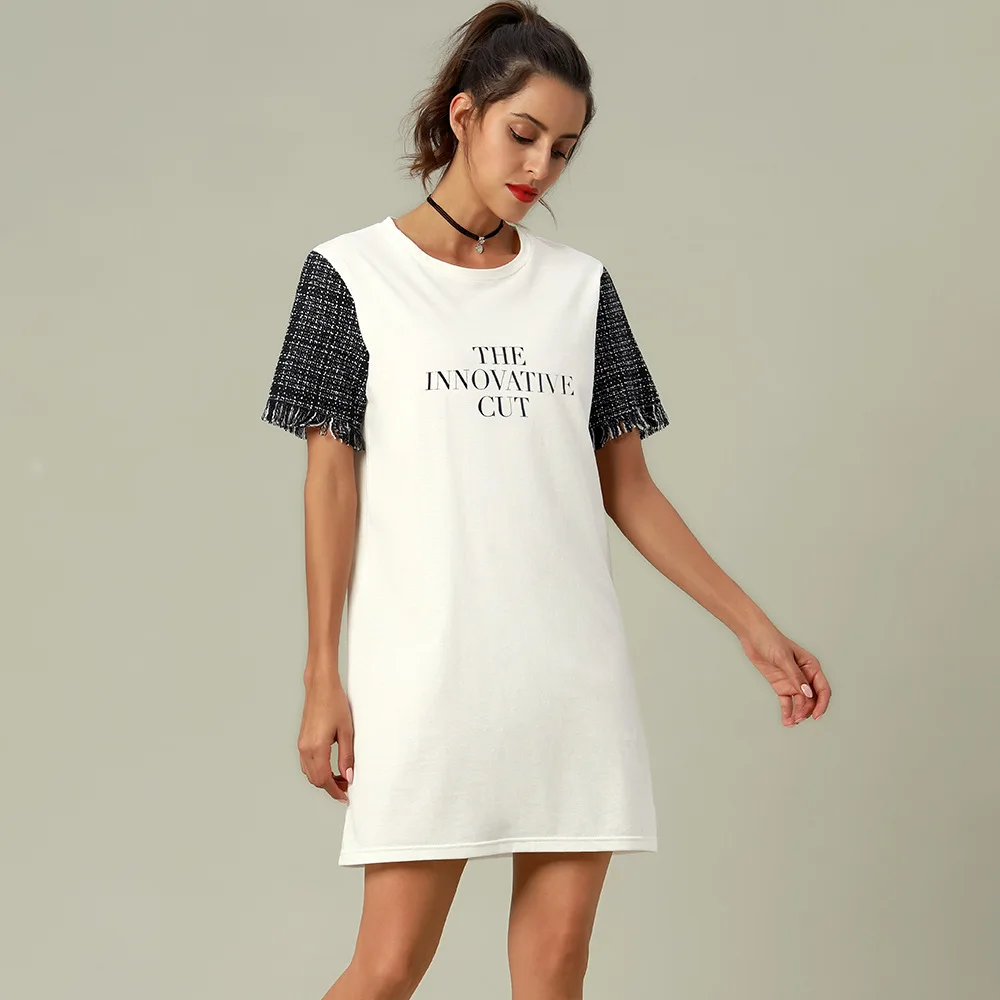 

Summer short sleeve white gray letter printed t shirt dress ladies women blank a line casual t- shirt mini dress short skirt