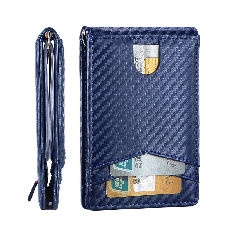 

Designer Card Wallet for Men Blue Carbon Fiber PU Leather Bifold Minimalist Money Clip Wallet