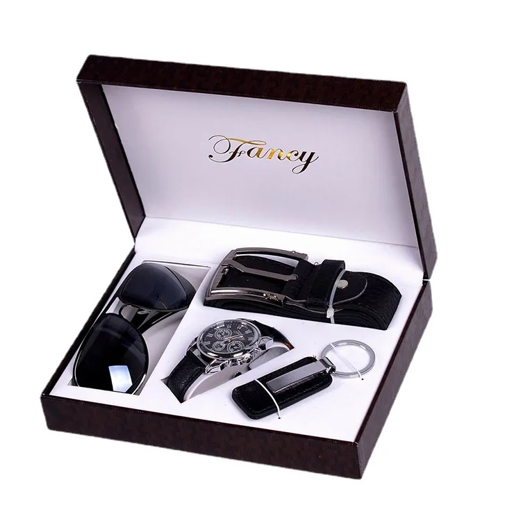 

Men Watches Set 6pcs/set Quartz Wristwatch High Quality Sun Glass Leather Belt Wrist Watch Relogio