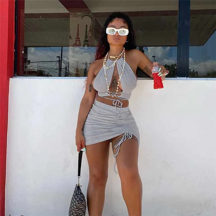 

2021 Summer New Products Sexy Top Bandage Mini Skirt 2 Piece Set, Customized color