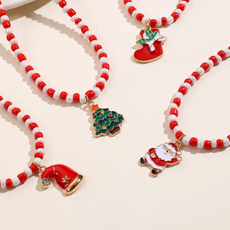 

Merry X-mas Christmas Jewelry Set Girls Cute Drop Oiled Santa Necklaces Red Green Crystal Beads Christmas Tree Pendant Necklace