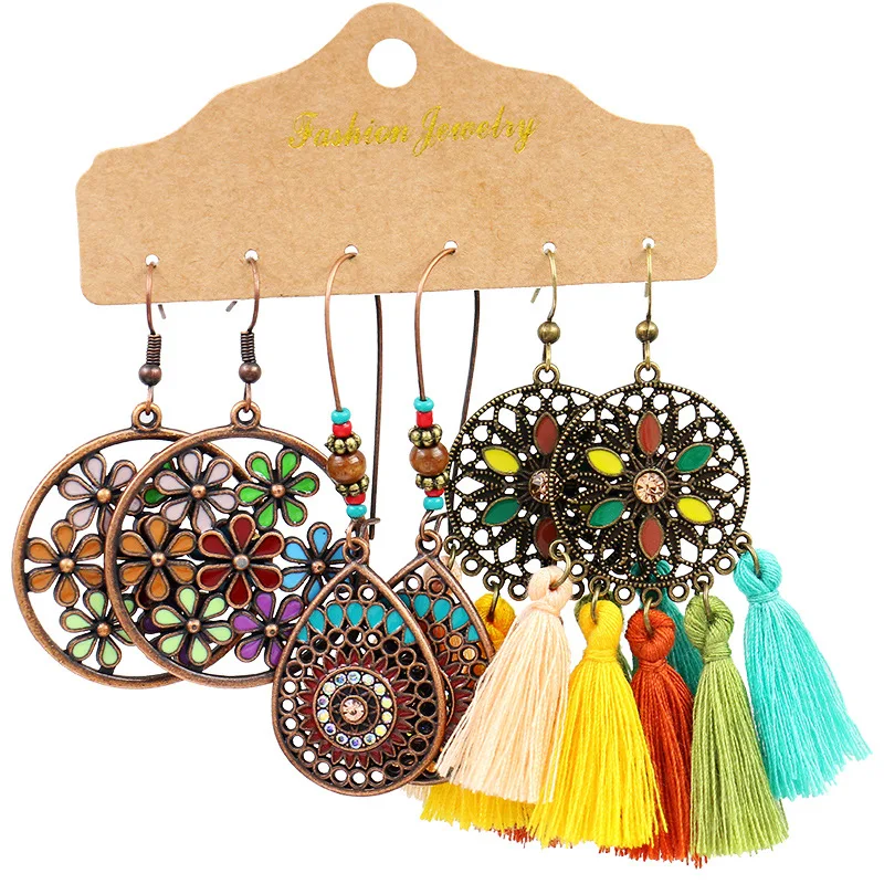 

3 Pairs/Set Bohemian Fringe Tassel Drop Earrings Colorful Boho Tassel Earrings Set Jewelry