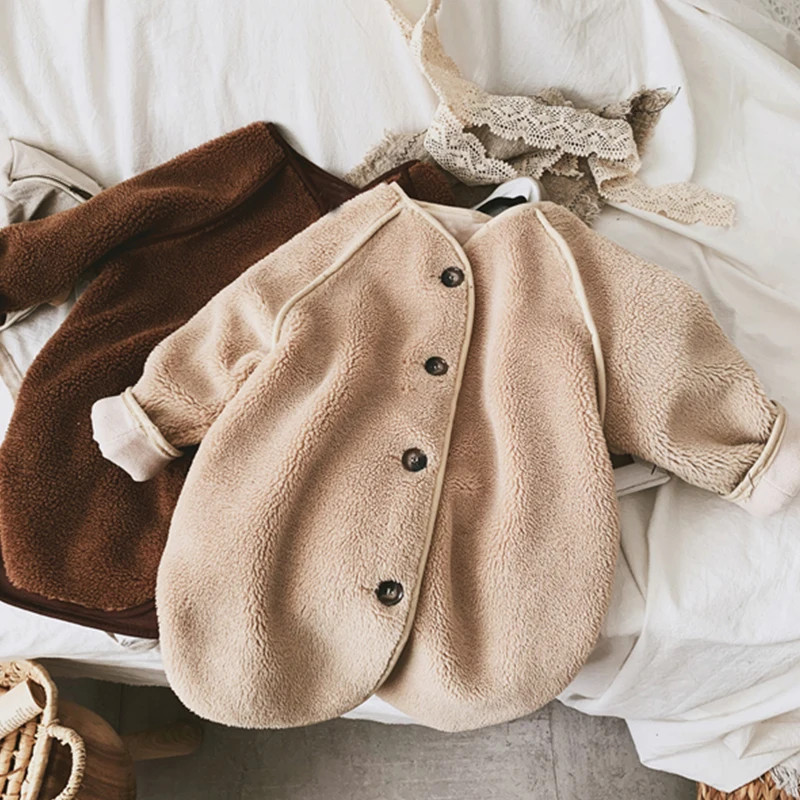 

Girls' long coat winter new children's cotton thick lamb velvet loose baby buttons fluffy children's long coat kids jacket