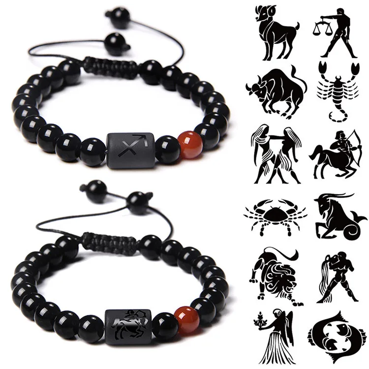 

Adjustable Braided Rope 12 Horoscope Zodiac Sign Beads couples jewelry Bracelets Black Glossy Stone Charm Bracelet