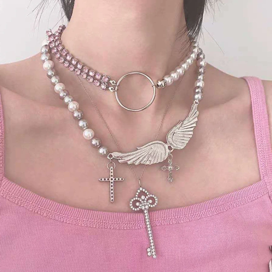 

DANYUAN bridal wings necklace fashion jewelry angel wing necklace pearl statement necklace crystal rhinestone cross pendant, Picture