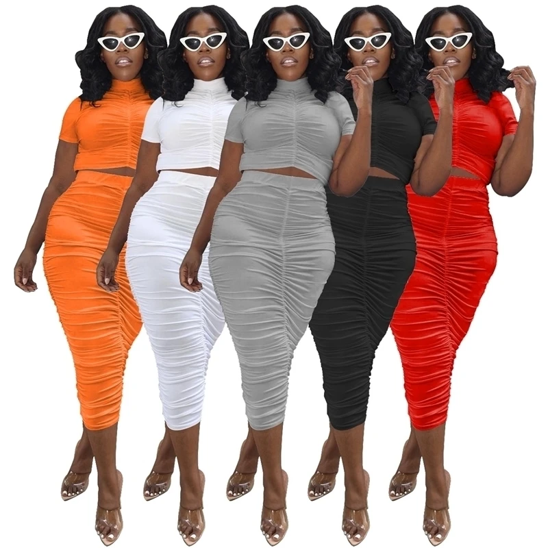 

2022 Summer Women Two Piece Dress Sets Short Sleeved Skirt Sexy Pleated Solid Color Skirt Suit