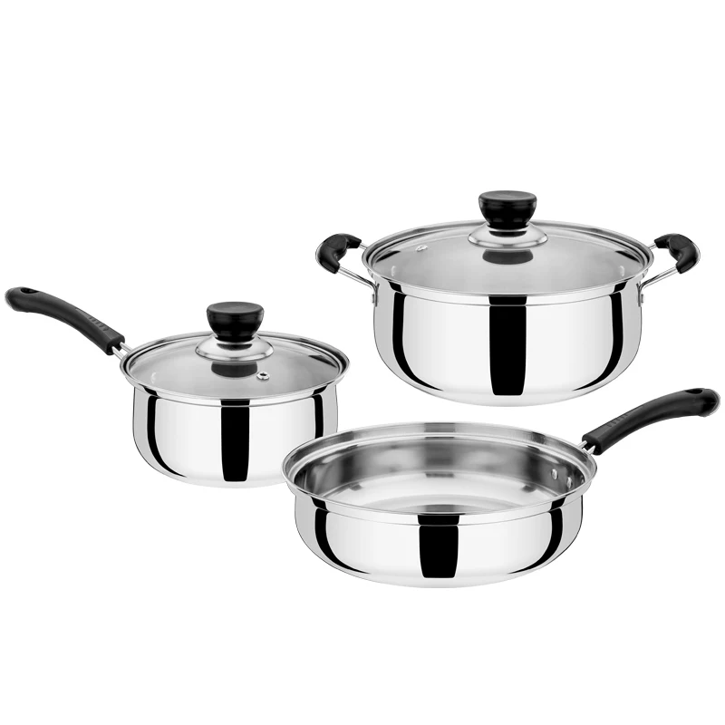 

Factory 3pcs kitchen ware 410 stainless steel cookware set for low price, Stainless steel color