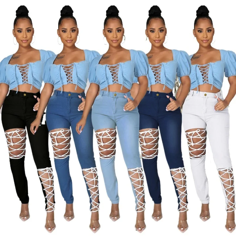 

Wholesale Plus Size High Waist Jean Pants Female 5XL Hollow Out Sexy Tight Fall Denim Jeans Pants For Women, Picture