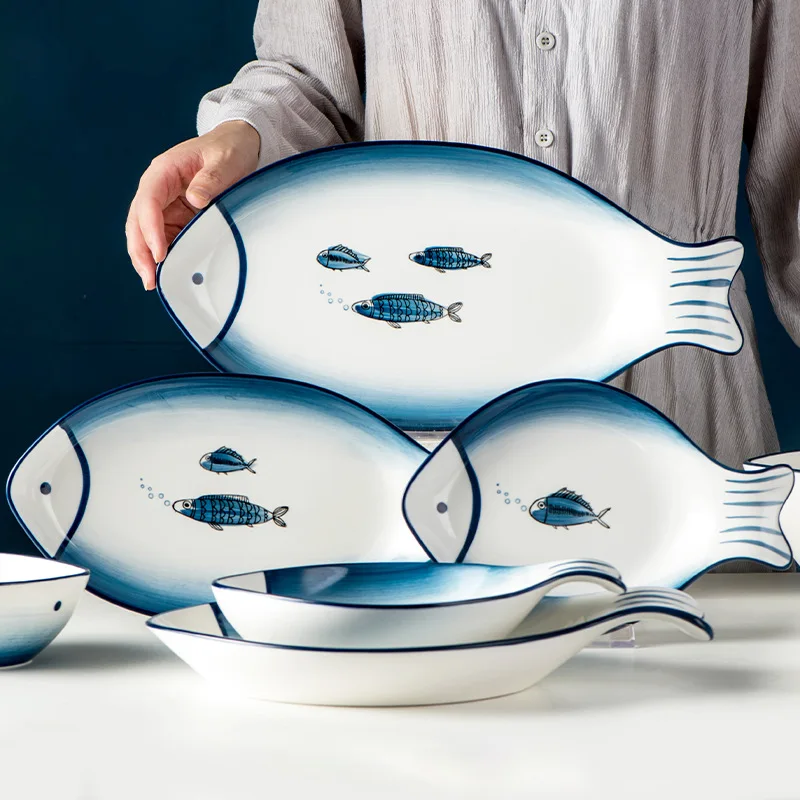 

Simple ceramic creative household fish-shaped bowls and dishes cartoon tableware wholesale ceramic white dinner plate, Mix