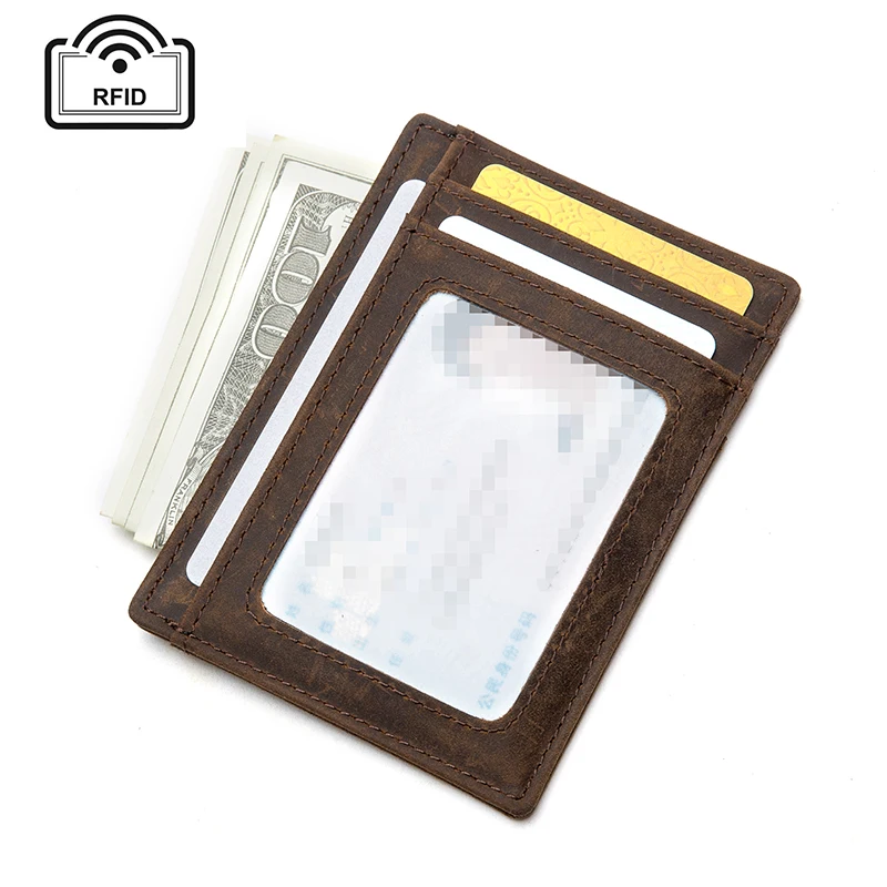 

Low MOQ Design Your Logo Crazy Horse Leather Credit Card Holder Factory Vintage Front Pocket RFID Blocking Wallet Card Case, Coffee, brown, green