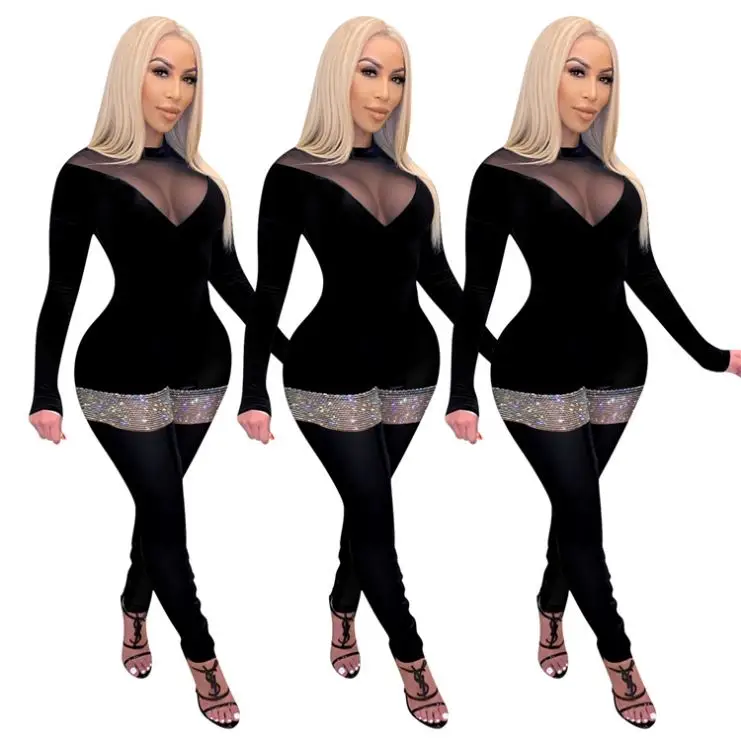 

D95962 New Tredency Women Fashion Clothing Women Sexy Long Sleeve Ladies Shiny Pants One Piece Jumpsuits And Rompers