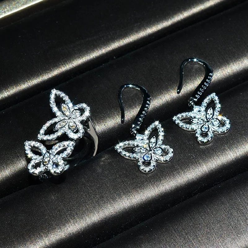 

New Elegant Cute Butterfly White Gemstone Drop Earrings Ring For Women Wedding Jewelry Set, Picture shows