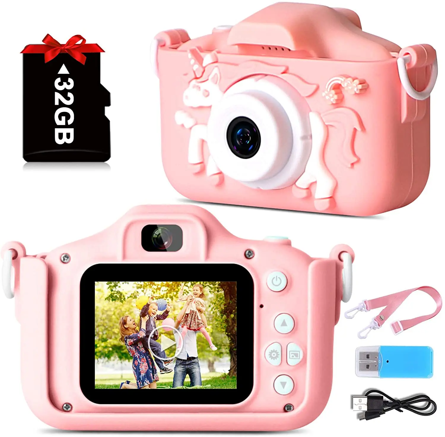 

2021 Cute Cartoon 1080p Kids Instant Camera with Interesting Cartoon Stickers Mini Digital Toy for kids gift, Pink/blue