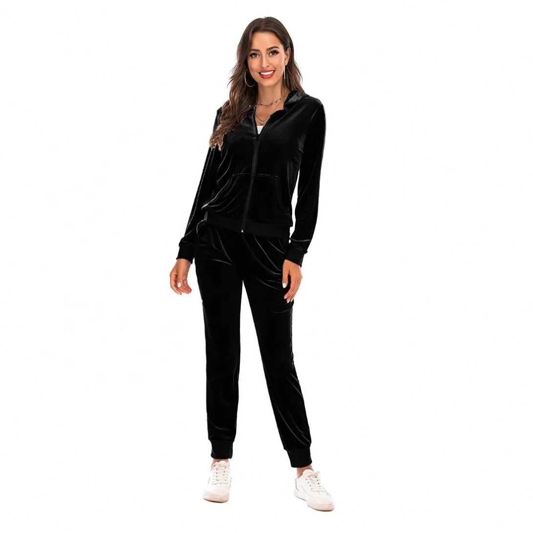 

In Stock 2 piece Zip Up Hoodie pink black velvet tracksuit sweatsuit Women Tracksuit Set