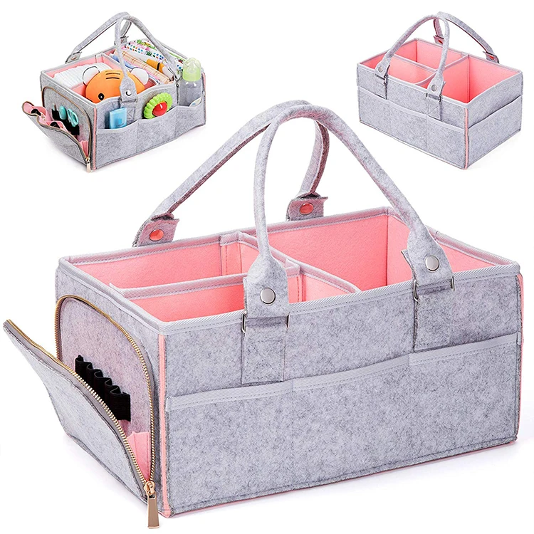 

Functional Durable Light-weight Felt Baby Diaper Caddy Organizer Nursery Basket with Removable Handles Perfect Baby Shower Gift, Grey&pink, grey&blue or customized