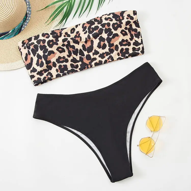 

2021 Hot Leopard Print Tube Top Large Size Swimsuit Women's Swimwear Split Bikini