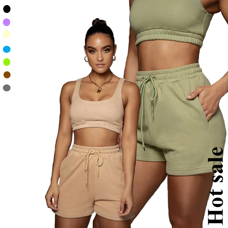 

Women Lounge Wear Summer Clothing Customize High Stretch Solid Color Yoga Bra Short Sets Two Piece Set, In available