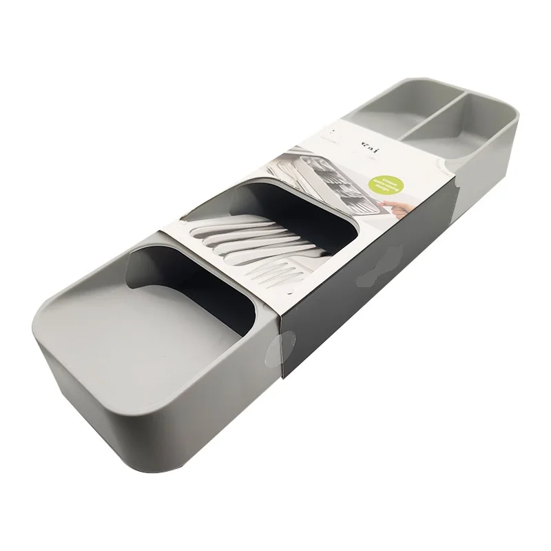 

DrawerStore Kitchen Plastic Drawer Organizer Tray for Cutlery Silverware gray and white green