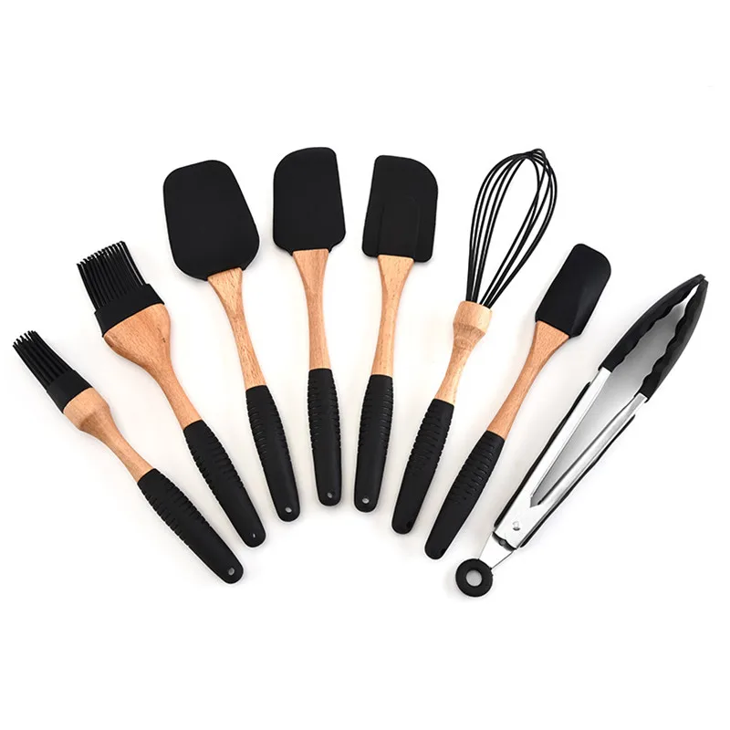 

Wholesale Silicone Cooking Utensils Kitchen Utensil Set 8 Pieces Natural Wooden Handle Cooking Tools Turner Tongs Spatula Spoon, Customized