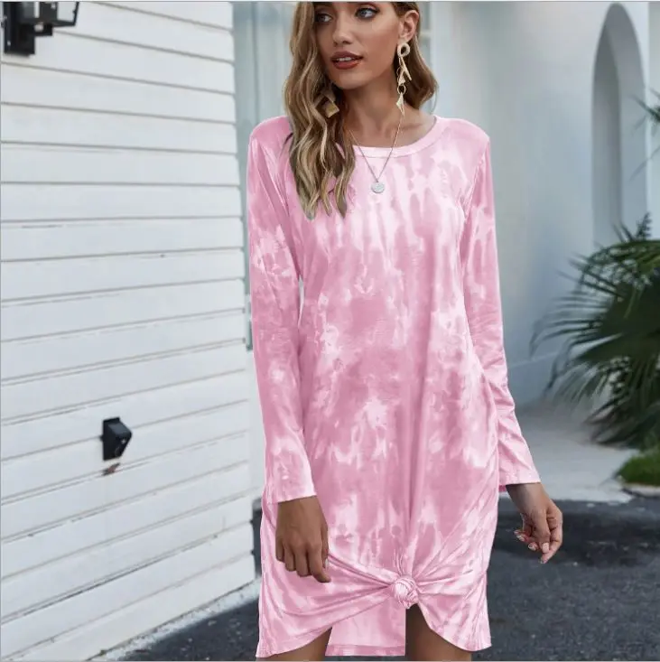 

Hot style women's 2021 autumn/winter new style tie-dye gradient loose long sleeve pocket dress, Five color