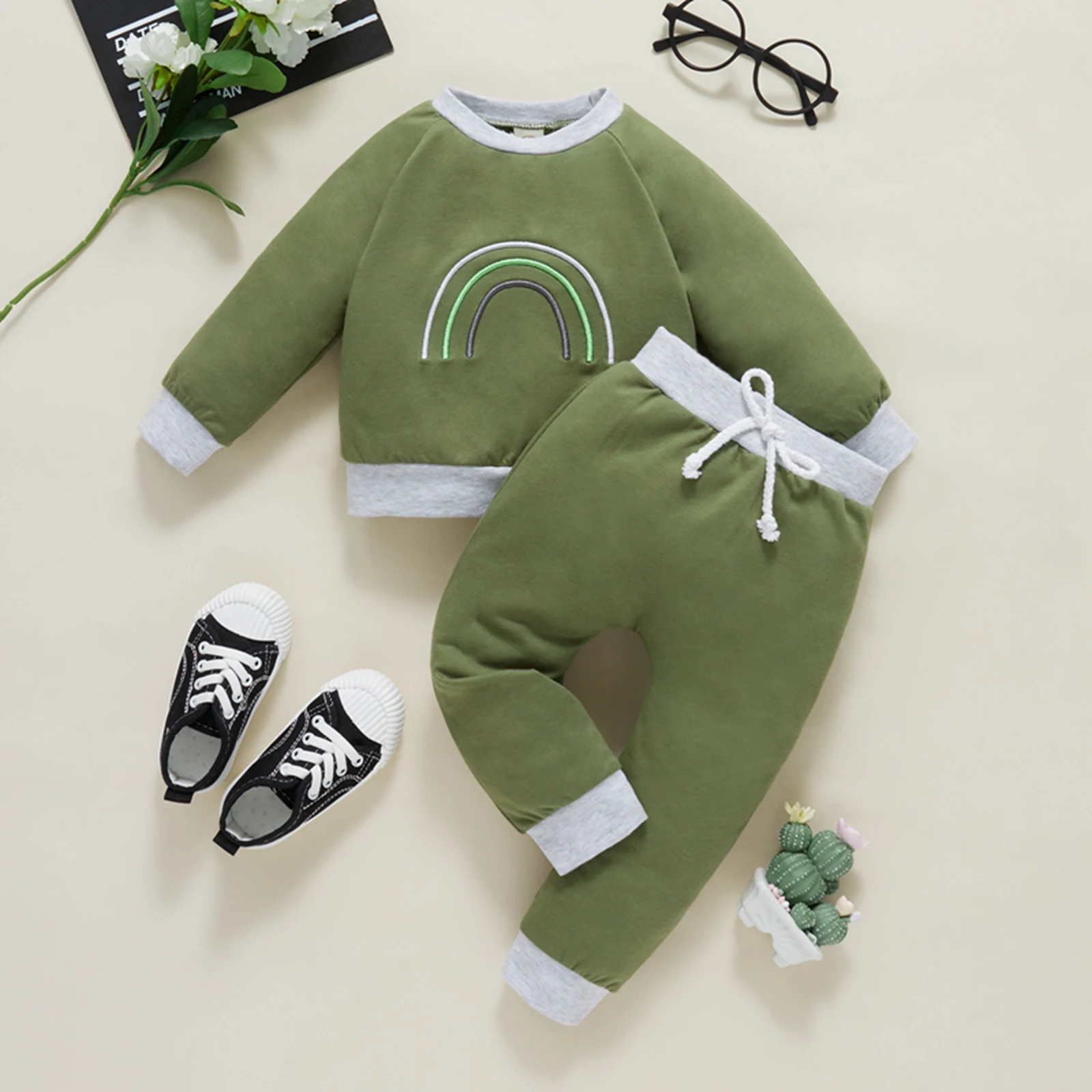 

Autumn Winter Baby Infant Boys Girls Clothes Casual Rainbow Long Sleeve O-Neck Lace Up Knitted Cotton Toddler 2 Pieces Set, Photo showed and customized color