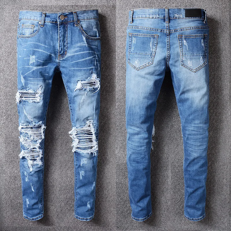 

New Style Men's Distressed Destroyed Badge Pants Art Patches Skinny Biker White Jeans Slim Trousers men denim jeans
