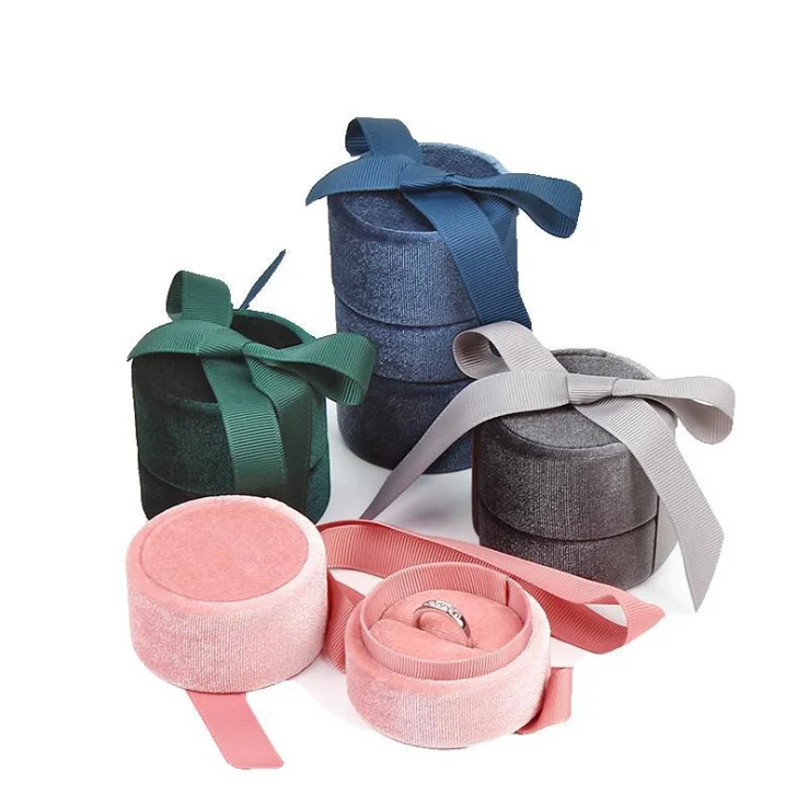 

Custom Bowknot Wedding Ring Earrings Pendant Necklace Jewelry Display Box Velvet Ribbon Round Ring Box, Customized color