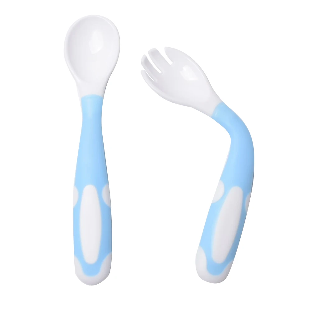 

Perfect Self Feeding Learning Heat-Resistant Bendable Food Grade Material BPA Free Baby Utensils Spoon Fork Set For Infant, Blue/green/pink