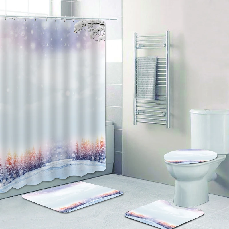 

180x180cm customizable ice and snow world partition bathtub shower curtain bathroom non-slip floor mat four-piece toilet set, Picture