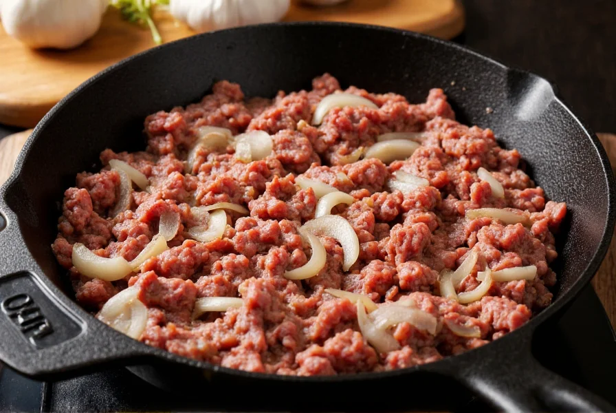 Professional food photography of ground beef browning in cast iron skillet with onions and garlic
