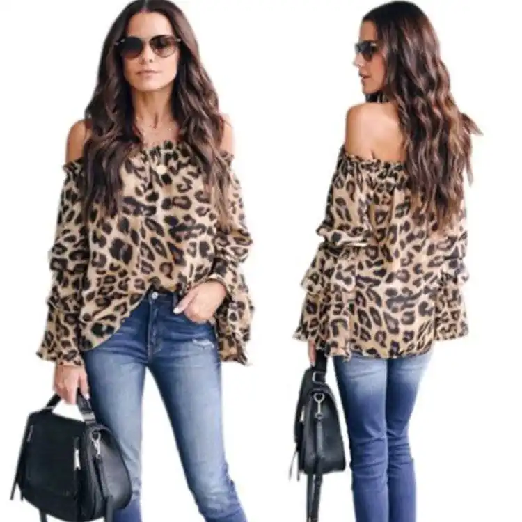 

Trendy Women clothes Off Shoulder Leopard Print Top Blouse, Photo show