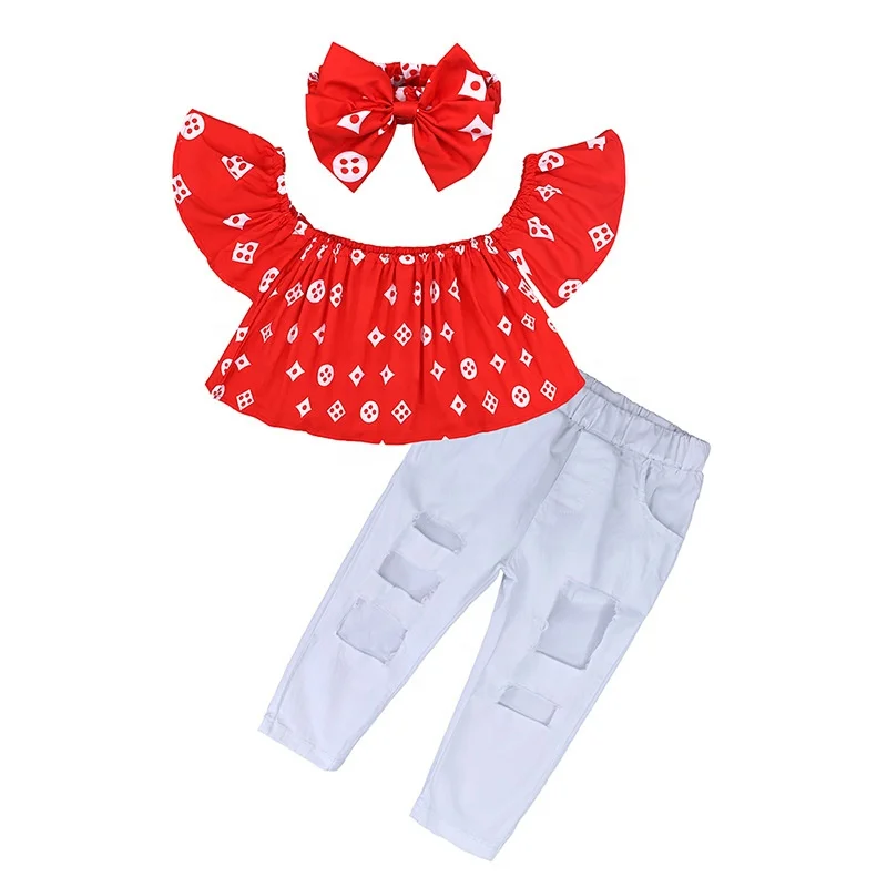 

baby girl clothes Girls fashion red off shoulder print 3 Piece Set