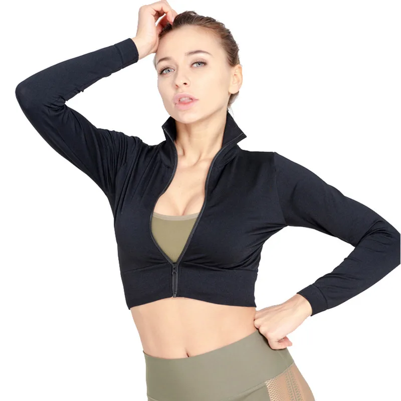 

Workout Gym Fitness Running Sweatshirt Coat Fitted Pullover Tight Yoga Clothes Jacket Zip Up Black Long Sleeve Crop Top Women