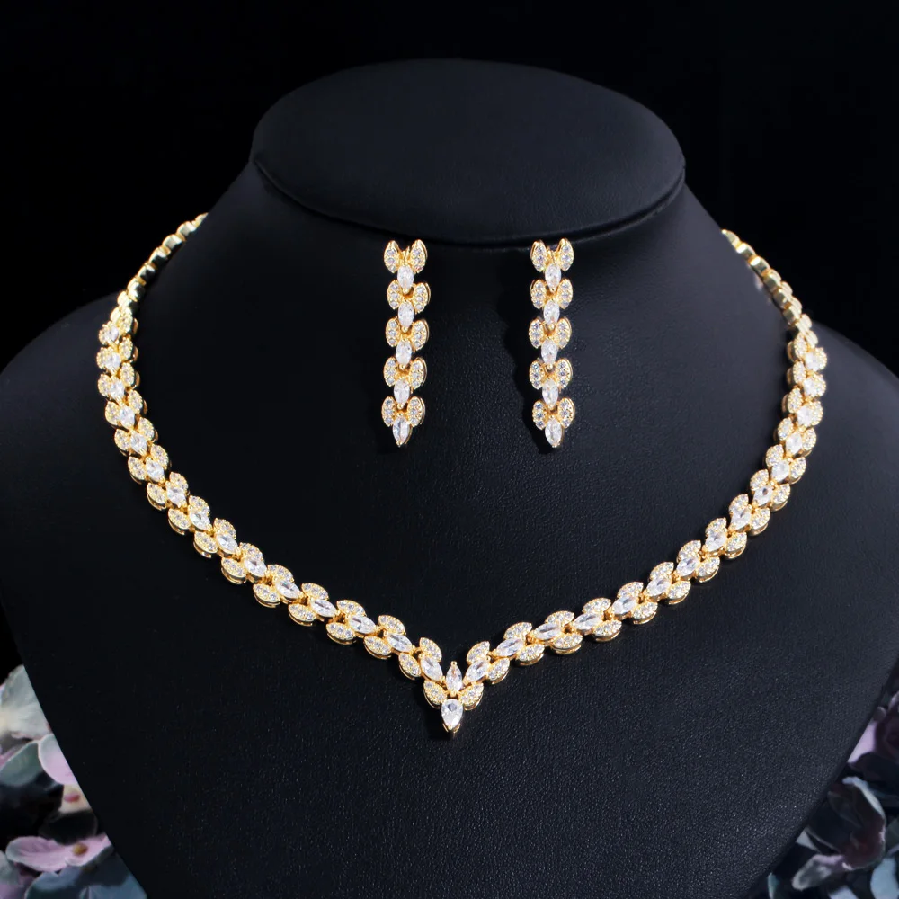 Elegant Marquise Cut Leaf Cubic Zirconia Women Wedding Collection Jewelry Set 18k Gold Plated Bridal Necklace Accessories