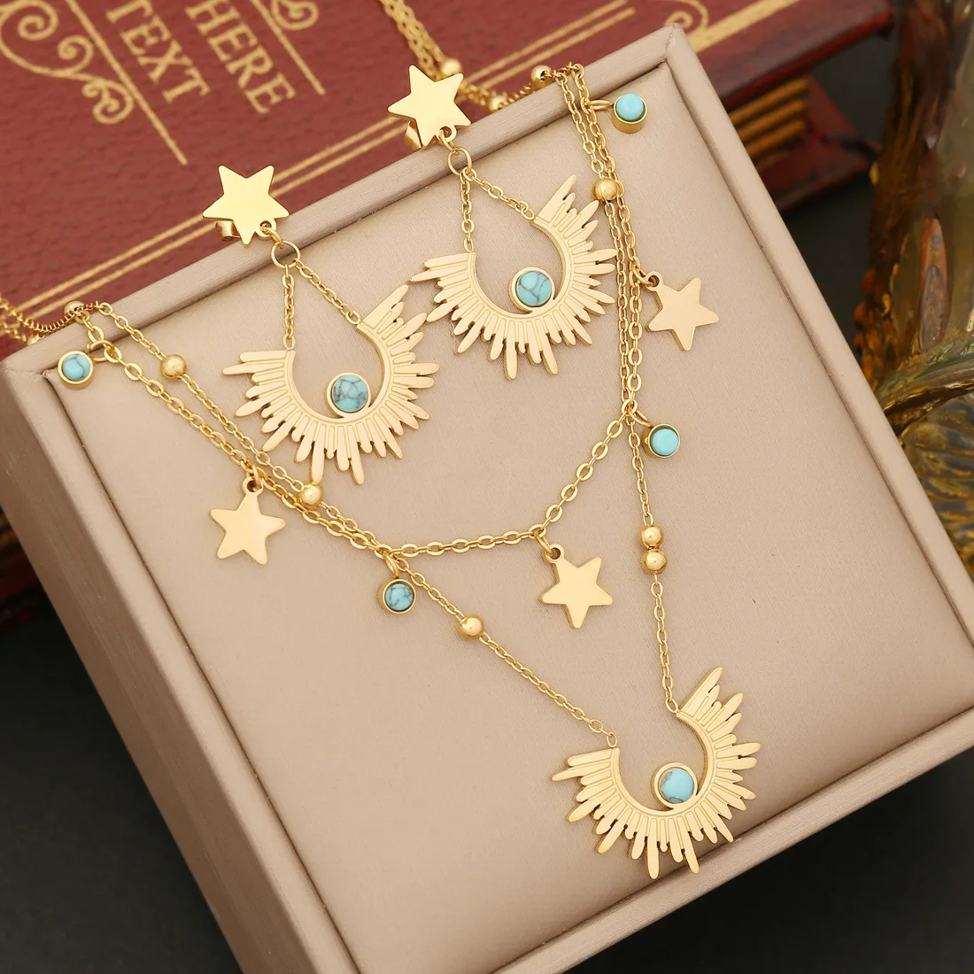

Bohemia Jewelry Set 18k Gold Plated Turquoise Stainless Steel Fashion Star Necklace Bracelet Earrings Summer Gift for Women