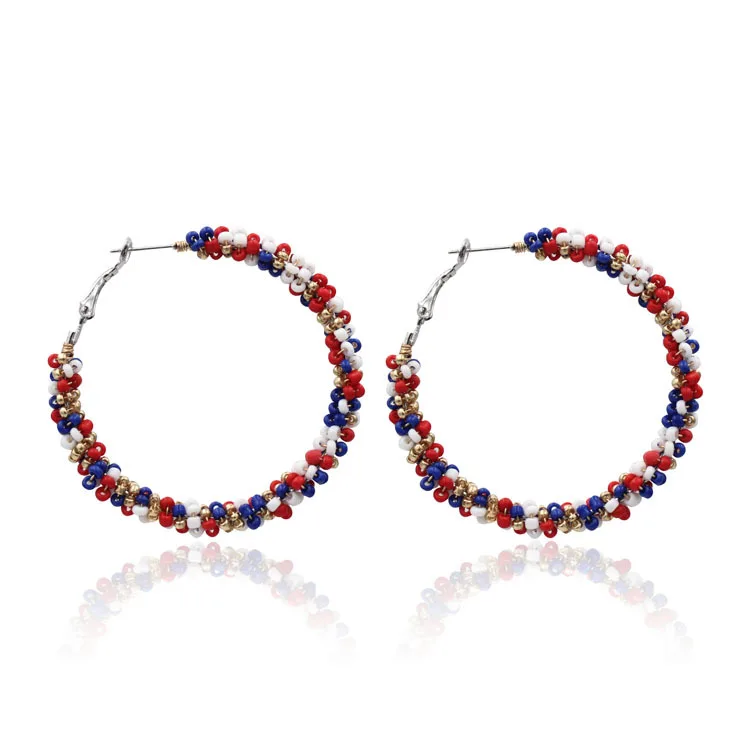 

2020 Blue White Red Beaded Hoop Earrings 4th of July Circle Earrings Independence Day Beaded Hoop Earrings Wholesale, As picture show