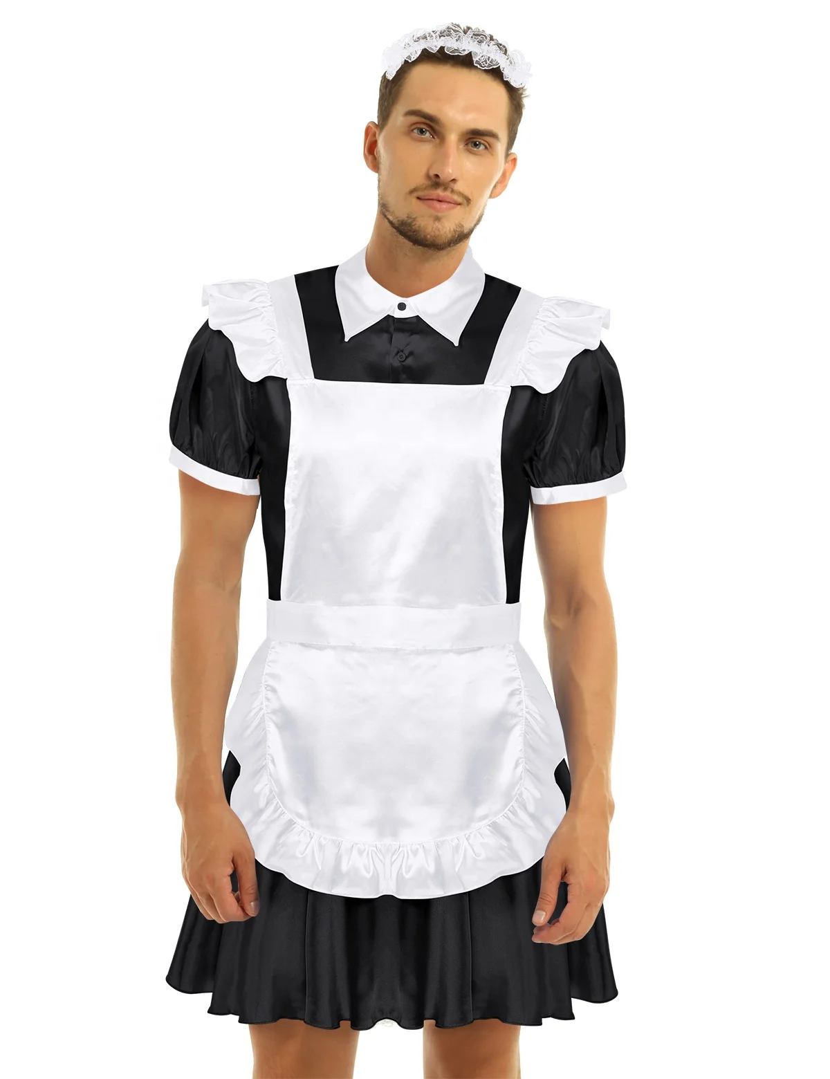 

Sissy Mens Dress Maid Cosplay Costume Puff Sleeve Front Button Down Dress with Apron and Headband for Halloween