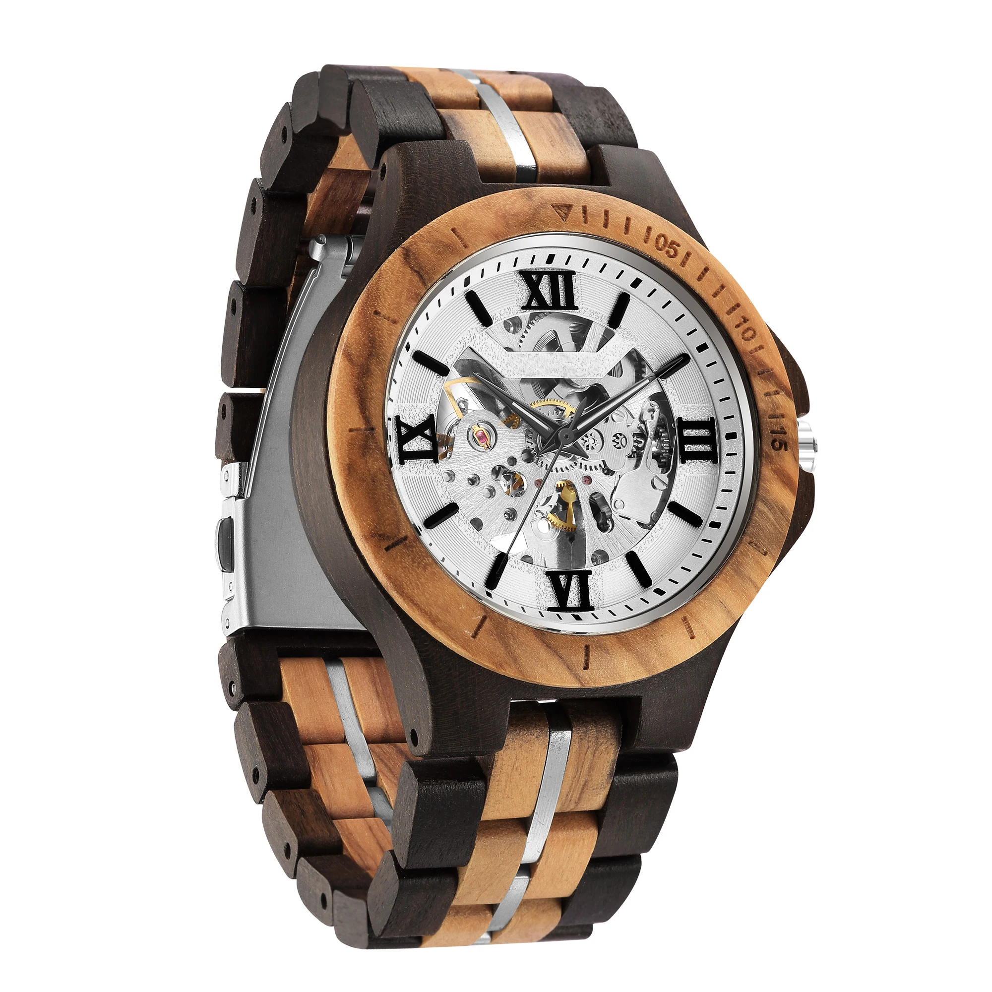 

New Arrival Mens Luxury Custom Own Brand Logo Wholesale Hollow Design Automatic Steel Wood Watch