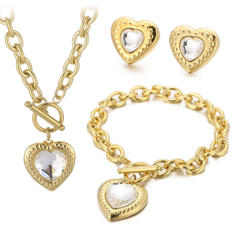 

Popular Multicolour OT Buckle Bracelet Earring Stainless Steel Three Piece Set Crystal Glass Heart Pendant Necklace
