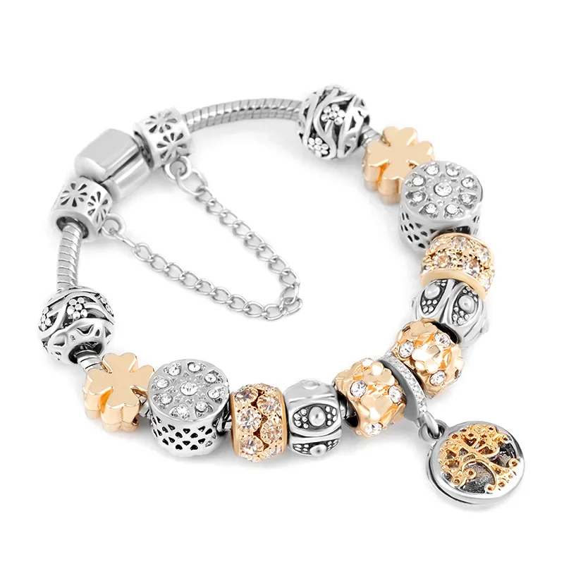 

2020 Vintage Silver Plating Snake Chain Hollow Flower Beads Charm Bracelet Crystal Ball Beaded Tree Of Life Bracelet
