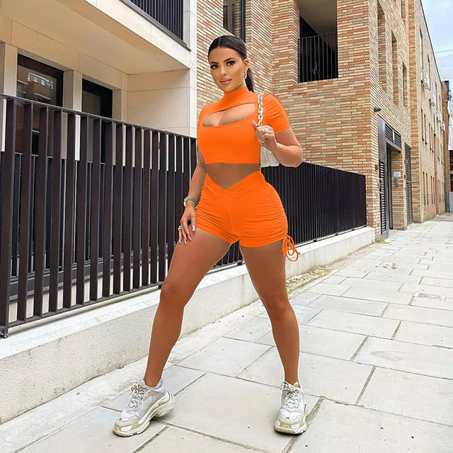 

2021 Sexy Mock Neck Short Sleeve Hollow Out Pure 2 Pc Workout Sets Women Shorts Set Fitness Sportswear Gym Activewear -YS, Orange,black,blue