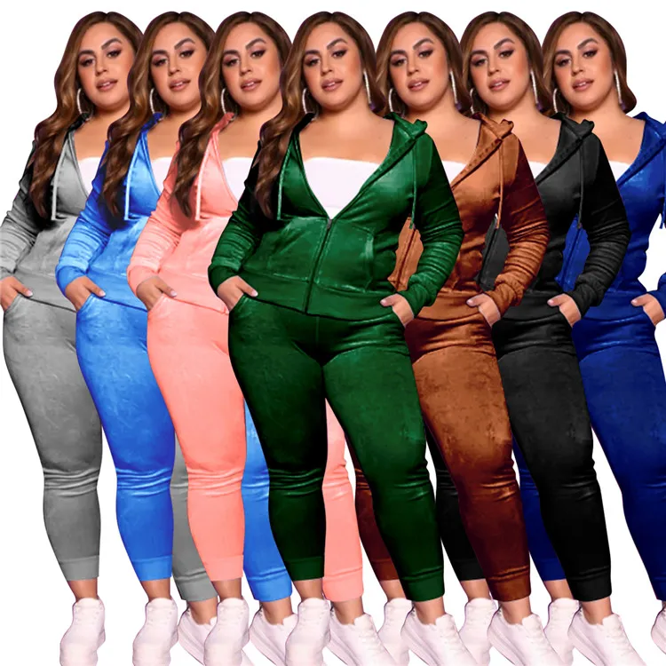 

New Ladies Velvet Outfits Long Sleeve Zipper Tops Plus Size Fall Two Piece Pants Set For Fat Women, Picture shown